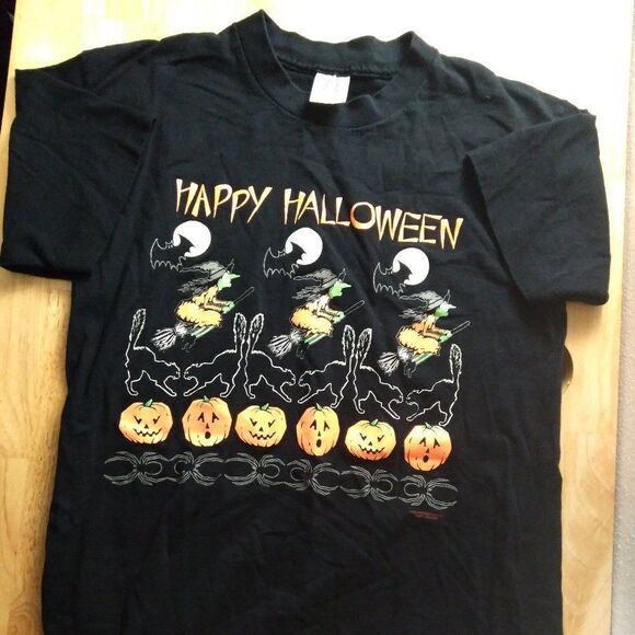 Vintage 90s Happy Halloween Witch Pumpkin Bat Cat T-Shirt Glow In The Dark - Picture 1 of 9